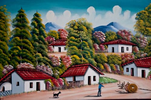 An Original Oil Painting of Rural Scene in Primitive Style, Tegucigalpa