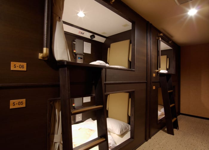 At Well Cabin Nakasu, single "cabins" (capsules) are a little more spacious and luxurious than those in Tokyo and Osaka.