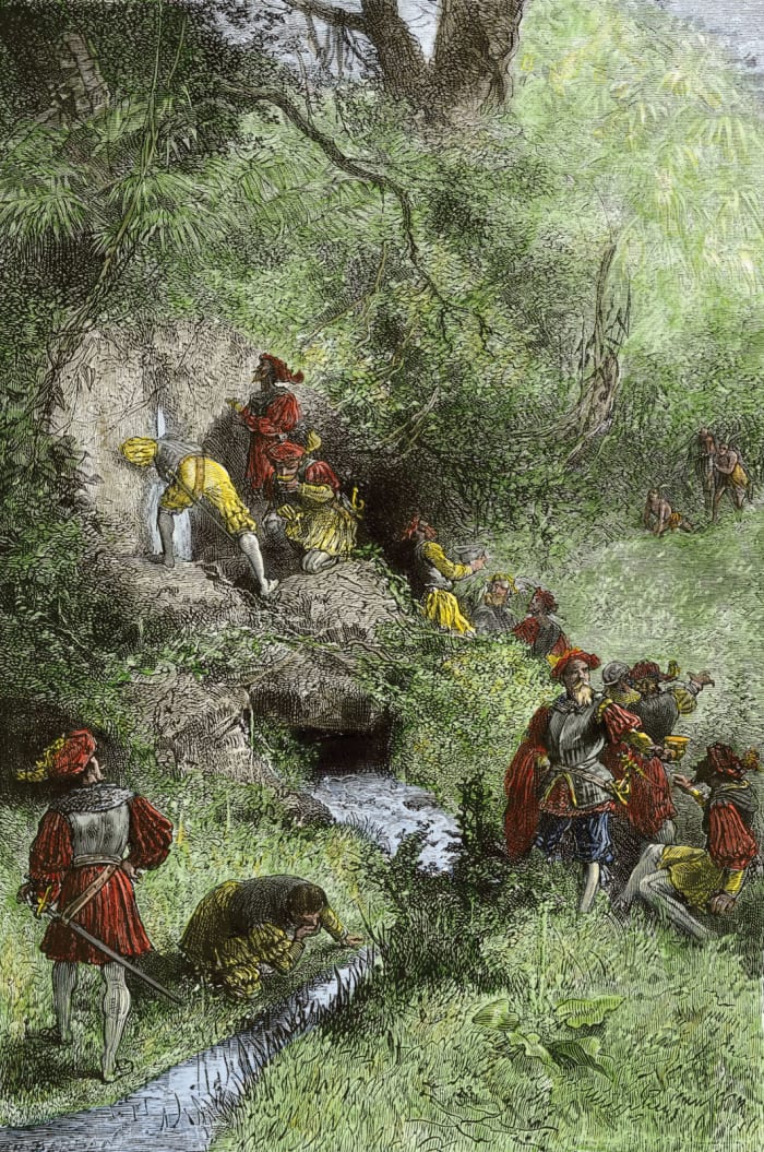 Nineteenth century German picture of Juan Ponce de León and other explorers in Florida searching for the Fountain of youth. According to legend, he discovered it close to the site of contemporary St. Augustine.