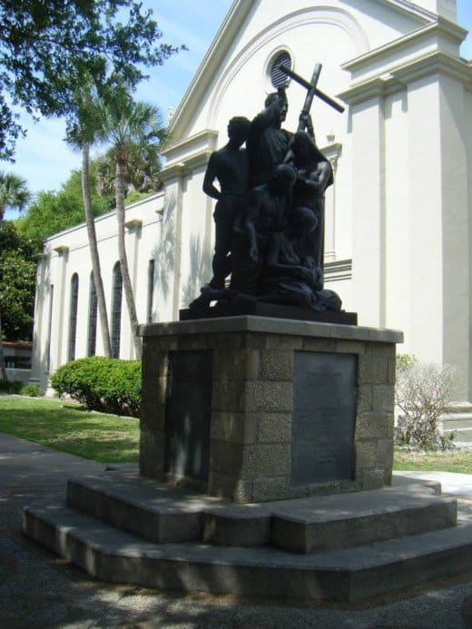 The Father Pedro Camps Statue outside the Cathedral Basilica of St Augustine. Camps was a Roman Catholic priest and missionary from Minorca. He reestablished the Church of San Pedro on 41 St. George Street. His body is buried inside the cathedral.