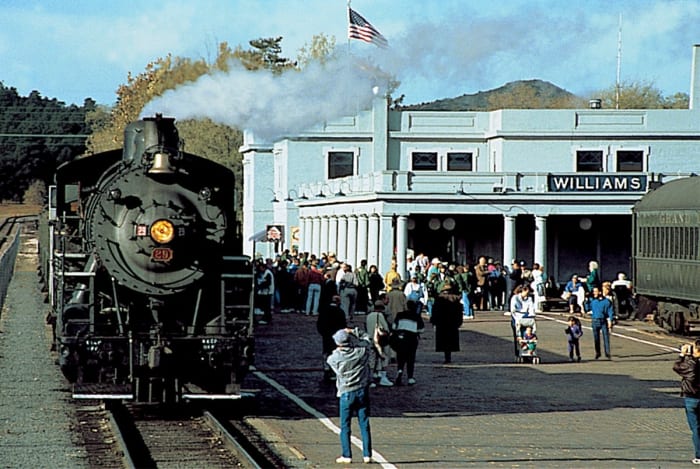 The Grand Canyon Railway Depot — with a 2-8-0 Grand Canyon Railway steam locomotive.The southern terminus of the Grand Canyon Railway, in Williams, Arizona.