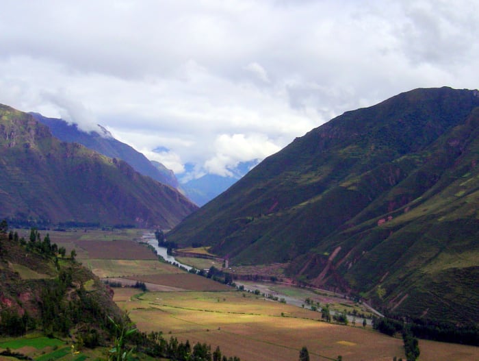 The beautiful Urubamba River Valley winds through the mountains, down from the Andes, where it carved the saddle between peaks where Machu Picchu was built by the Incas.