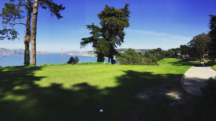 Picturesque view of the Golden Gate Bridge from 17th tee box at Lincoln Park G.C.
