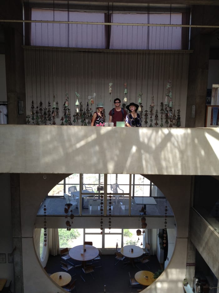 View of inside of main entrance building. Center or core is open which helps with the natural heating and cooling of the building