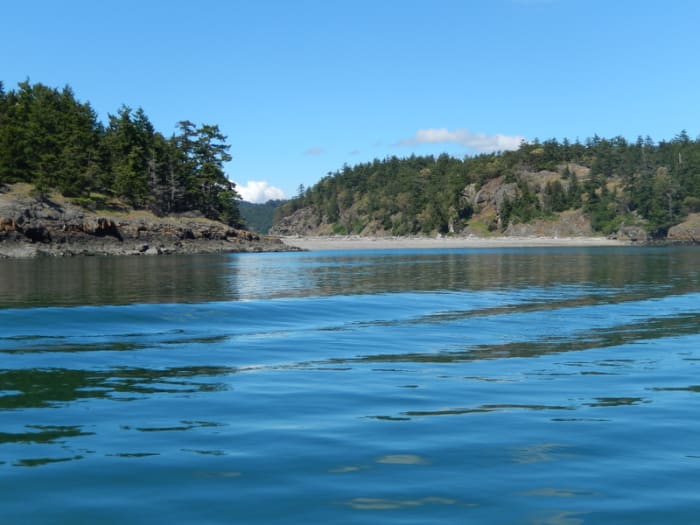 The view between two charming tree-covered islands in the San Juans, with an inviting beach on one side.