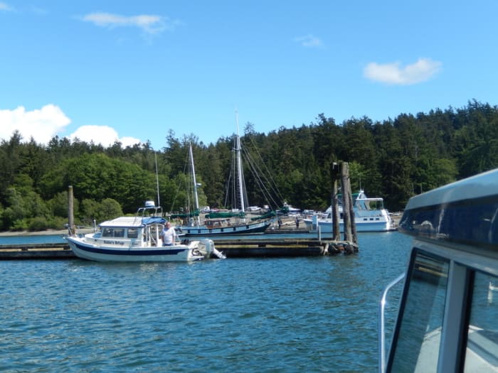 Our companion from the trip over to Friday Harbor awaited us in his 22' C-Dory, alongside a vintage sailboat and a classic cabin cruiser at the dock in Cornet Bay, a nice welcome after our memorable mini-cruise in the Pacific.