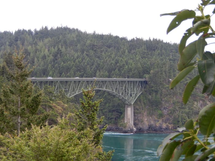 A view from the south end of of Deception Pass Bridge on Hwy. 20 over the narrow strait between Fidalgo Island and Whidbey Island.