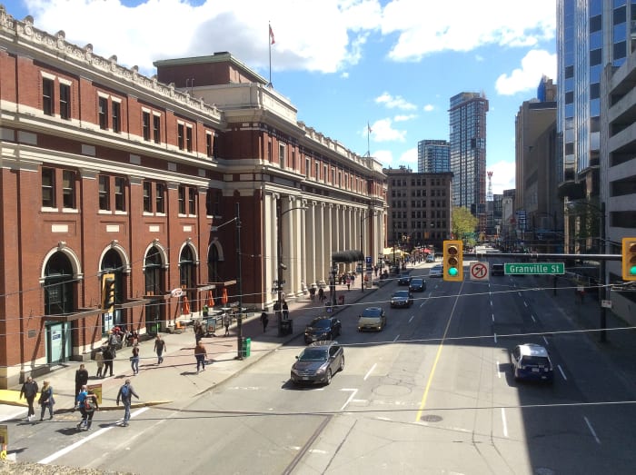 The Waterfront SkyTrain Station (on the left of the photo) is a good place to begin a tour of downtown Vancouver.