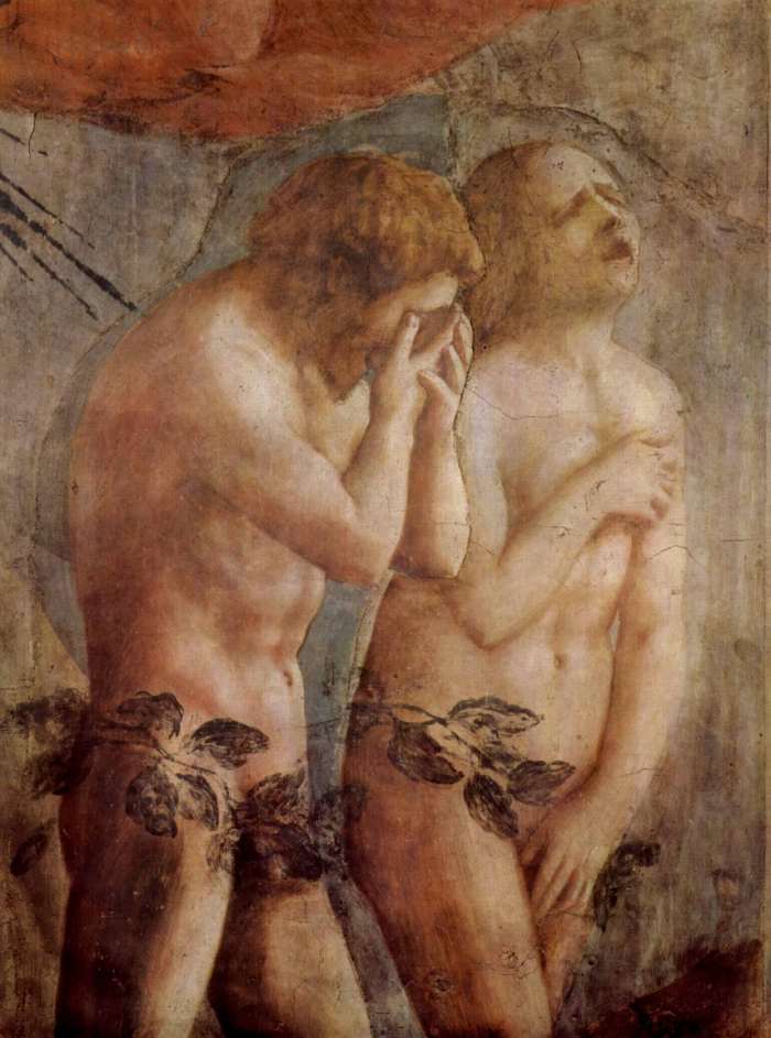 Masaccio. Expulsion from the Garden. Brancacci Chapel. The leaves were overpainted and later removed during the restoration in the 1980s.