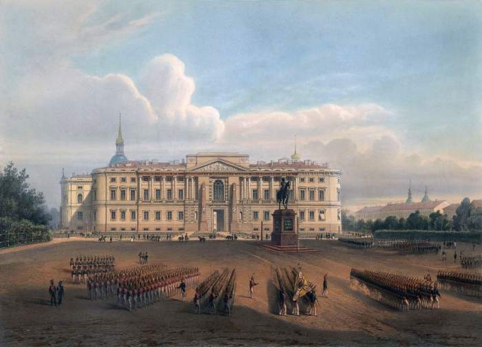The Mikhailovsky Palace (St. Michael's Castle) was Dostoevsky's first address in St. Petersburg. It housed the Military Engineering Academy where he spent his first six years in the city. 19th century lithograph.