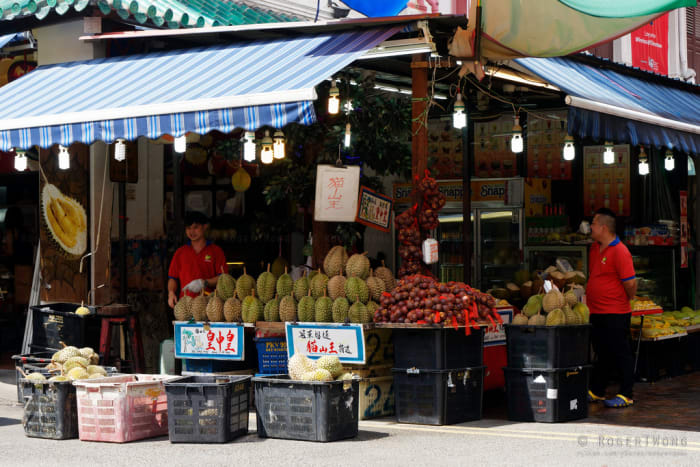 Durian Fruit, considered by some a delicious treat, on sale in Singapore's Chinatown