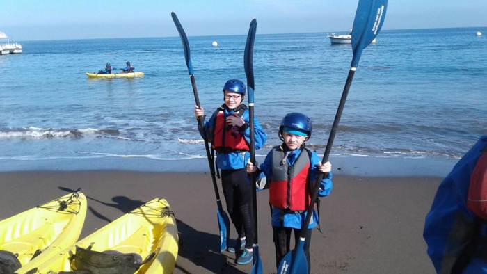The author's 10 and 12 year old sons, prepared to kayak Channel Islands National Park.