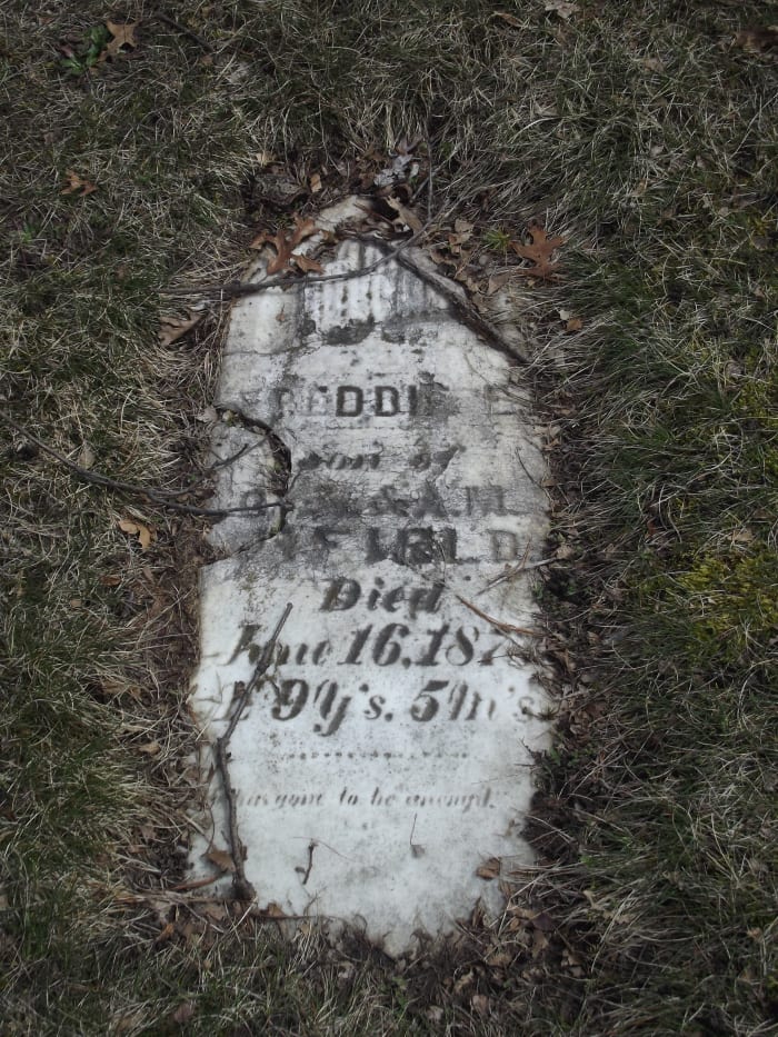 A very old oblong tombstone flat on the ground that is cracked in multiple places. The text is very faded and there is a barely visible carving of a willow tree on top. The grass has grown over the sides. Evergreen Cemetery, Muskegon, MI.