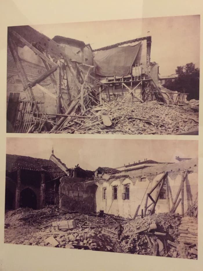 Last Supper (top covered with tarp) and Crucifixion (bottom) following bombing during WWII