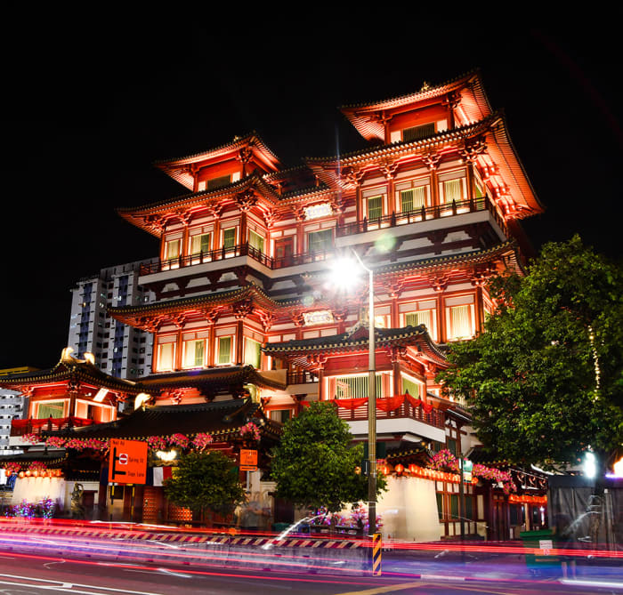 The Buddha Tooth Relic Temple and Museum is the most iconic Singapore Chinatown temple. Terrifically atmospheric when illuminated at night.