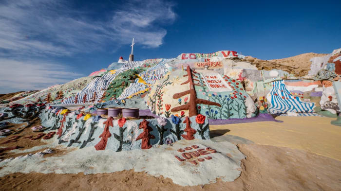 Salvation Mountain. This dominating structure is a fantastic painted, adobe, and mixed media three story work of art in Slab City.