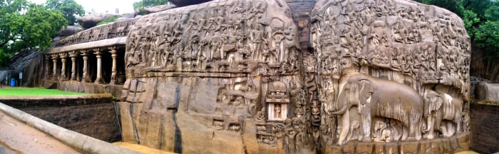A panoramic view of Arjuna's Penance
