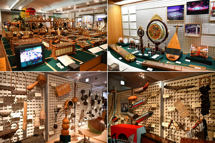 Clockwise from top left: Ethnic musical instruments from Indonesia, Japan, Latin America, and Oceania.