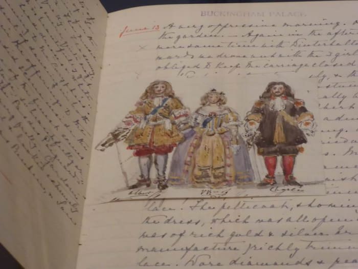 Queen Victoria, Prince Albert and Prince Charles Leiningen drawn by Victoria in her journal. The costumes were worn to the Stuart Ball of 1851. Image by Frances Spiegel 2019. All rights reserved.