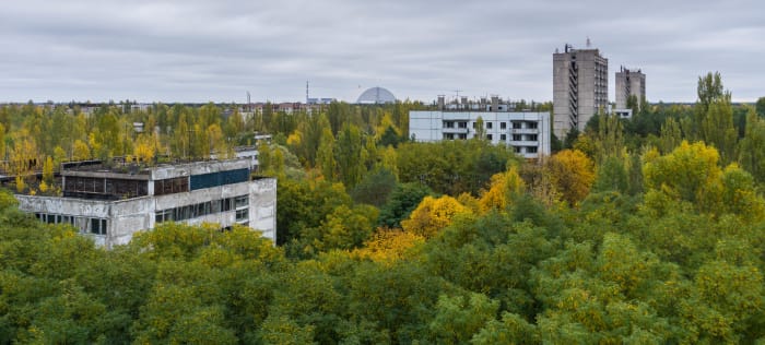 Looking towards the Chernobyl Reactor from the roof of a nine-storey apartment block at Pripyat.