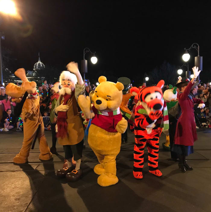 Just a few of the characters decked out in their holiday best for the parade during Mickey's Very Merry Christmas Party.