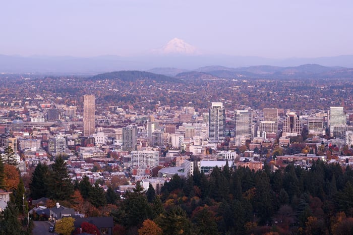 Skyline of Portland, Oregon, from the mansion viewpoint at dusk.