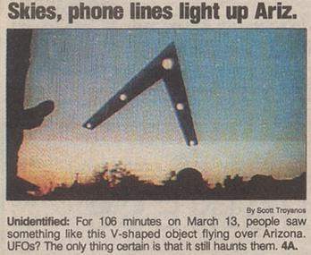 Newspaper headline after hundreds of Arizonans witnessed the phenomenon known as the Phoenix Lights.