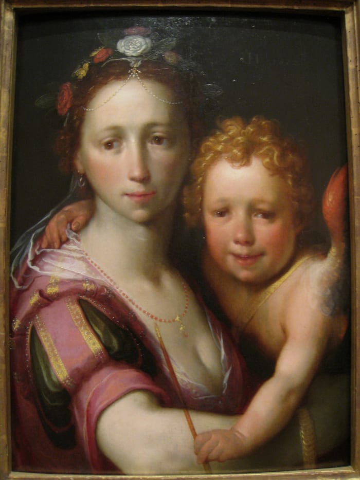 This is one of the few depictions of Eros and Aphrodite, aka Cupid and Venus, where she is fully dressed.