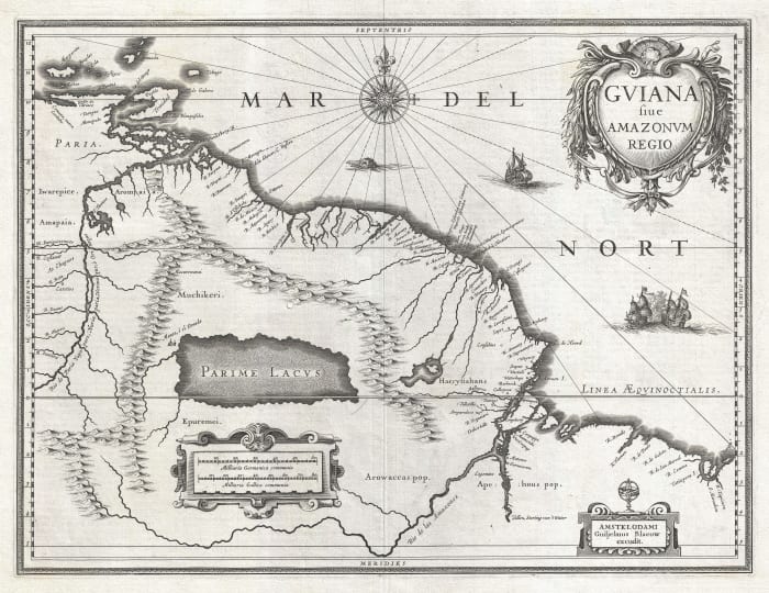 This 1636 map shows the location of Lake Parime, the mythical lake referenced in the legend of El Dorado.