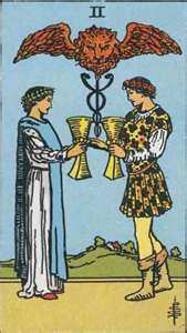 The two of cups shows a happy union, but beware! That sphinx is guarding something... it could be good... it could be bad... only the tarot reader can truly uncover the riddle...