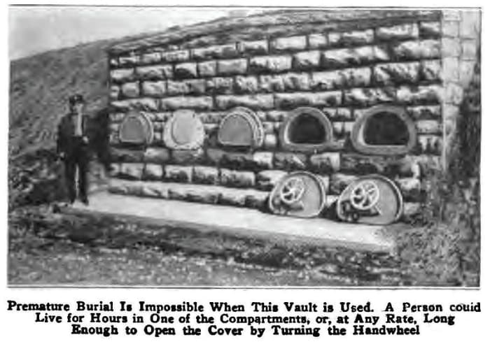 Photo of a vault meant to protect people from accidentally being buried alive, built c. 1890.