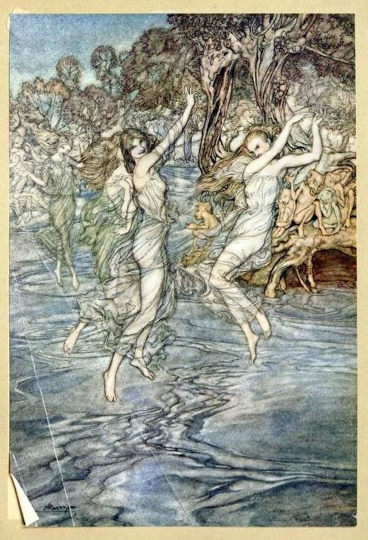 "By all the Nymphs that nightly dance Upon thy streams with wily glance"