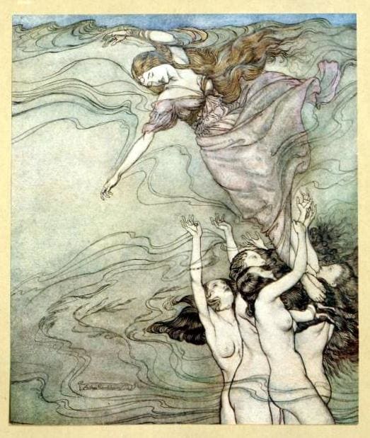 "The water-nymphs, that in the bottom played, held up their pearled wrists, and took her in"