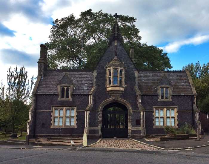 The grand entrance to the Warstone Cemetery, with the War Stone itself just to the left of the building.