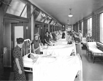 The open mouths of the building where patients were taken for fresh air as treatment for tuberculosis.