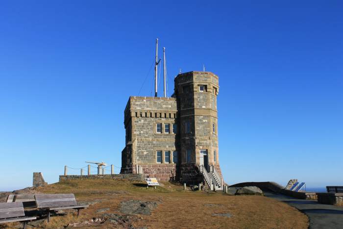 Samuel Garret's best known work, Cabot Tower, at the top of Signal Hill in St. John's. The same stone that was used here was used to construct the Four Sisters.