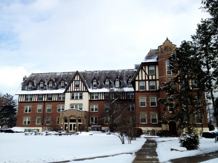Lang Hall on Baldwin Wallace University. North Campus. 3 February 2013. Lang Hall is said to be haunted by the ghosts of Emma Lang and a student who hung herself in the closet of her dorm room.