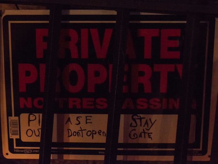 The "Private Property, No Trespassing" sign currently posed outside of Franklin Castle by the current owners.