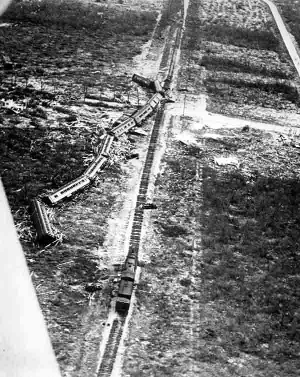 A derailed train near Islamorada, Florida during the 1935 Labor Day Hurricane. The hurricane destroyed around 40 miles of the Middle Keys section of the line. The Overseas Railroad was subsequently replaced by the Overseas Highway.