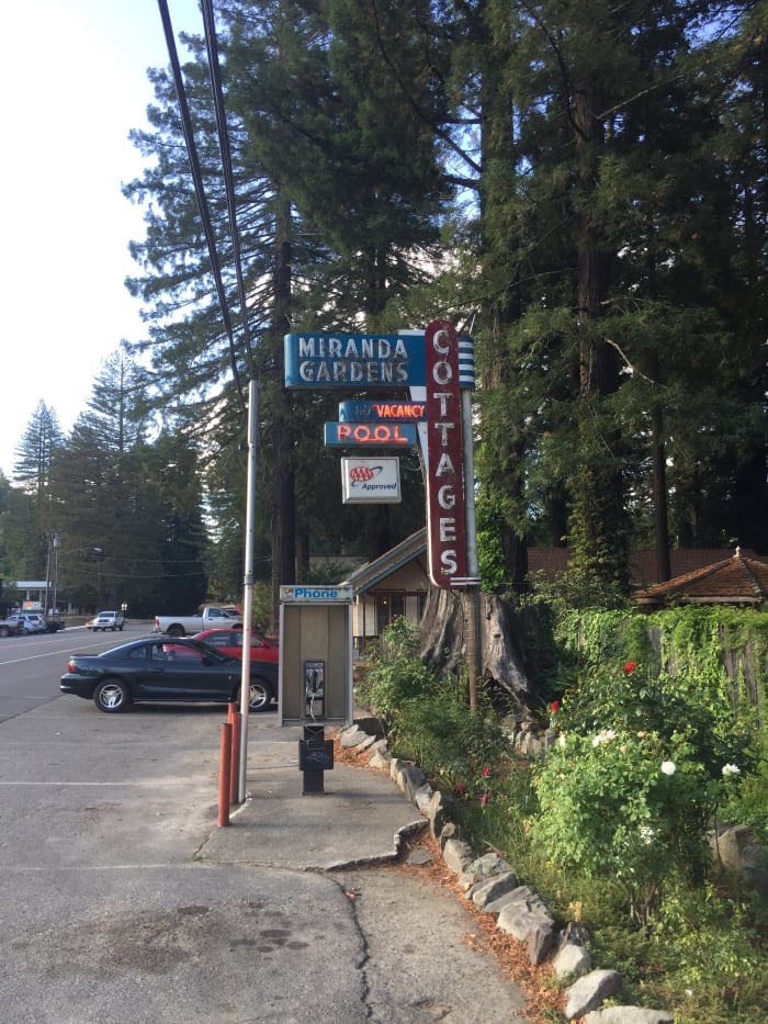 Miranda Gardens, a "cottage camp" built in 1929, features 16 fully restored redwood cabins.