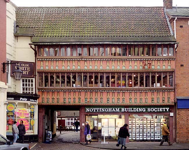 The Old White Hart in Newark Market Place. Three storey 15th century coaching inn with carriage entrance to the White Hart Yard.
