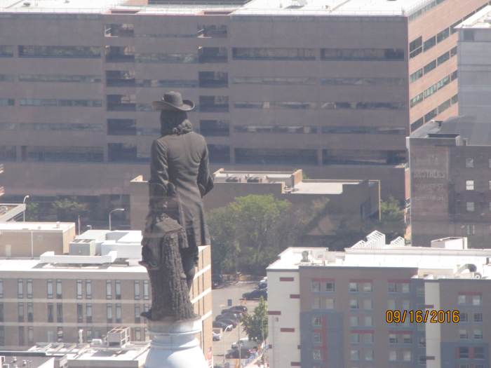 William Penn on top of City Hall looking over his city. "Oh, how things have changed," he must be saying. "I'm no longer the tallest in Philadelphia.".