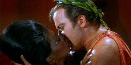 A kiss that changed the world. Nichelle Nichols as Uhura and William Shatner as Kirk lock lips in "Plato's Stepchildren"