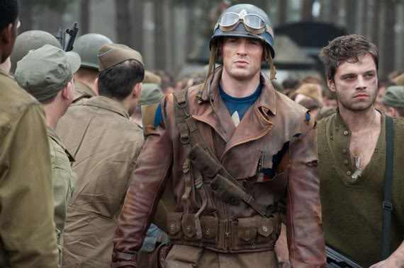 Chris Evans as Steve Rogers and Sebastian Stan as Bucky Barnes in a promotional still from Captain America: The First Avenger