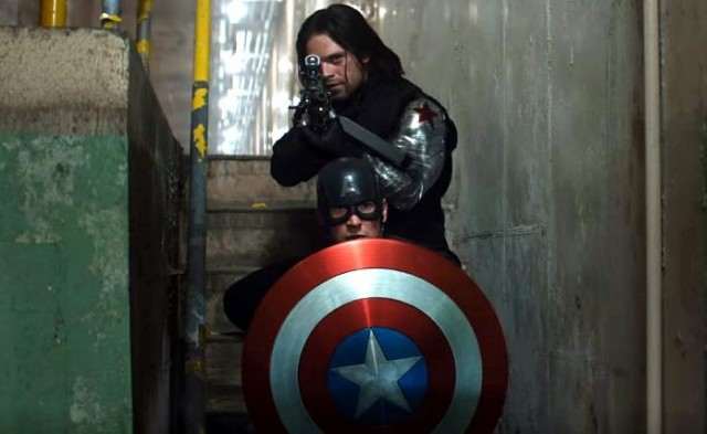 Chris Evans as Steve Rogers and Sebastian Stan as Bucky Barnes in a promotional still from Captain America: Civil War