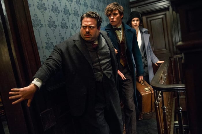 Dan Fogler, Eddie Redmayne, and Katherine Waterston in "Fantastic Beasts and Where to Find Them."
