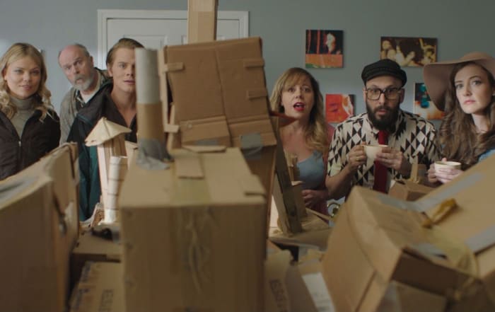 From left to right: Kamilla Alnes, Rick Overton, Drew Knigga, Kirsten Vangsness, Timothy Nordwind, and Stephanie Allynne in "Dave Made a Maze."