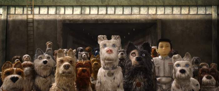 From left to right: Bill Murray as Boss, Jeff Goldblum as Duke, Edward Norton as Rex, Bob Balaban as King, Liev Schreiber as Spots, Harvey Keitel as Gondo, Koyu Rankin as Atari Kobayashi, and Bryan Cranston as Chief.