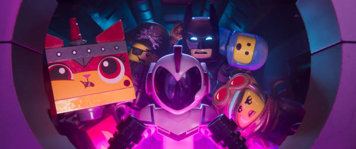 Unikitty (Alison Brie), MetalBeard (Nick Offerman), Batman (Will Arnett), Benny (Charlie Day), Wyldtyle (Elizabeth Banks), and General Mayhem (Stephanie Beatriz) from, "The Lego Movie 2: The Second Part."