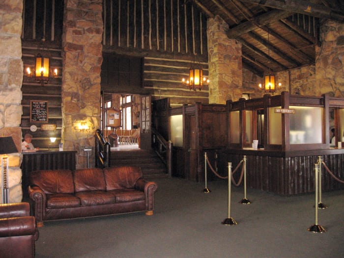 The lobby at the Grand Canyon Lodge. Just beyond the lobby are the light-filled lounges overlooking the canyon rim.